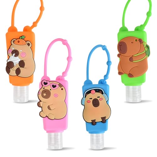 Refillable Travel Bottles Containers, 4 Pack Hand Sanitizer Travel Size Holder with Empty Silicone Clip-Filp Bottles, Leak Proof Portable Bottle for Liquid Soap, Lotion (Capybara) - color: capybara
