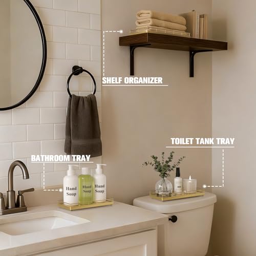 Bathroom Vanity Tray for Countertop, 12" x 6" Oak Wood Toilet Tank Tray | Metal Guardrail, Bathroom Organizer for Soap, Perfume & Skincare, Non-Slip Decorative Tray for Dresser & Vanity, Gold - color: All Golden, size: 12" x 6" x 1.5"