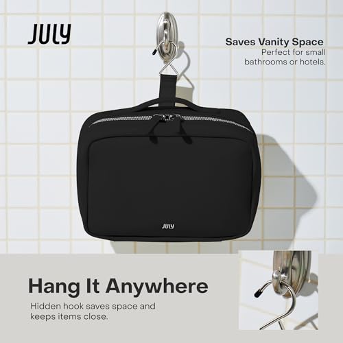 July Hanging Toiletry Bag with Hidden Hook, Clear & Leak-Resistant PVC Pocket, Toothbrush Tab, Water-Resistant Nylon and Leather Trims - Travel Essentials Bag, Bathroom Travel Organizer - Black - color: Black