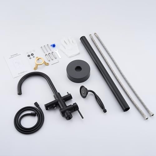 Wowkk Tub Filler Freestanding Bathtub Faucet Black Floor Mounted Brass Bathroom Tub Faucets with Hand Shower - color: Black