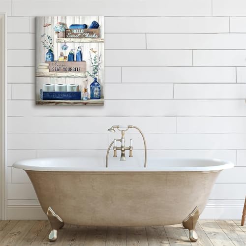 BJVJKSU Navy Blue Bathroom Decor Wall Art Rustic Blue Bathroom Canvas Wall Decor Please Seat Yourself Sign Print Painting Vintage Aesthetic Picture Artwork Decor(16x24in) - color: Blue Wrapped Canvas, size: 24"L x 16"W