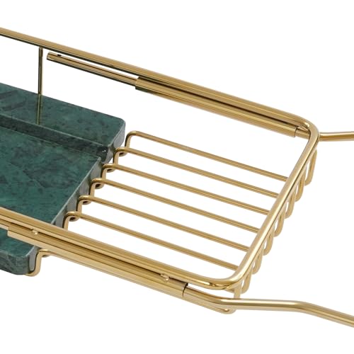 Stainless Steel Bathtub Tray with Removable Marble Board,Extendable Rectangular Bathtub Tray,Adjustable Bath Caddy Board for for Bath Bombs, Spa, Shower (Golden+Green) - color: Golden+green