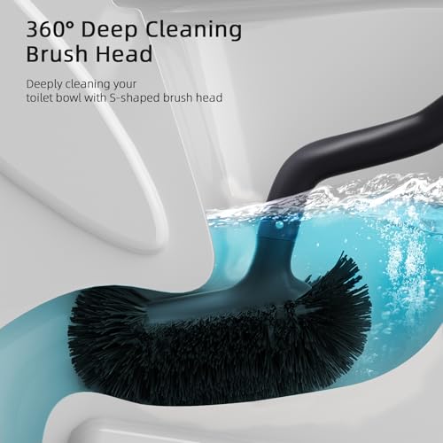 HAMITOR Toilet Bowl Brush Holder Set: Bathroom Deep Cleaning Toilet Cleaner Scrubber Under Rim with Curved Bristle for Dead Corner Clean - Hidden Rv Toilet Decorative Accessories with Caddy- Black - color: Black, size: 1 pack
