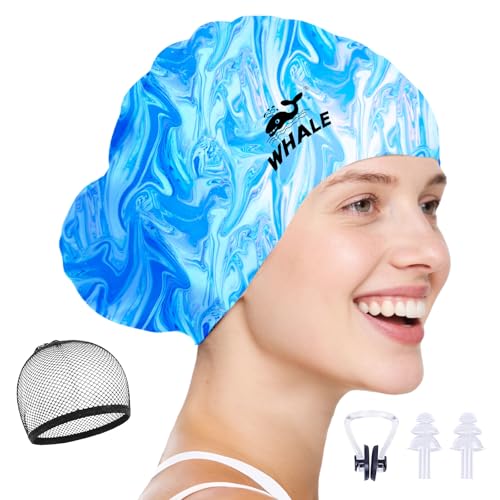 WHALE Extra Large Swim Cap Designed for Men and Women with Thick, Long Hair, Hair Extensions Or Afro-Textured Hair Long-Hair Swim Cap Highly Waterproof to Keep Hair Dry - color: Water-patterned
