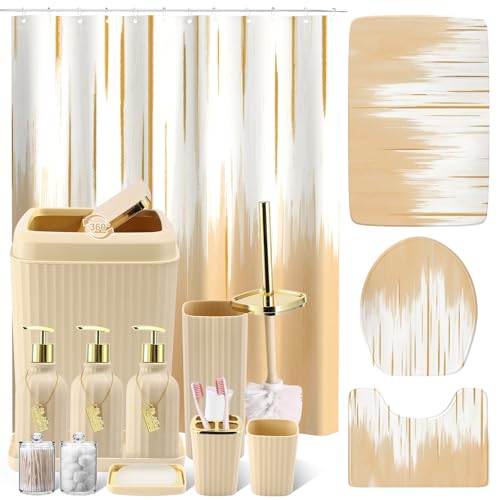 32PCS Bathroom Sets with Shower Curtain and Rugs-Beige Bathroom Accessories,Non Slip Bathroom Rugs Set with Toilet Lid Cover, Waterproof Shower Curtain, 3PC Soap Dispenser with Trash Can - size: Bath Set+Oil Paint Shower Curtain+Bath Rugs, style: Beige