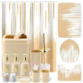 32PCS Bathroom Sets with Shower Curtain and Rugs-Beige Bathroom Accessories,Non Slip Bathroom Rugs Set with Toilet Lid Cover, Waterproof Shower Curtain, 3PC Soap Dispenser with Trash Can - size: Bath Set + Oil Painting Shower Curtain + Bath Rugs, style: B