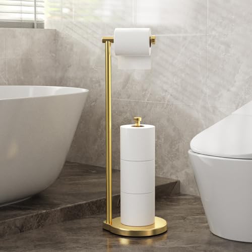 theaoo Heavy-Duty Toilet Paper Holder Stand – Modern Freestanding Bathroom Toilet Tissue Paper Roll Holder with Reserve & Storage, Stainless Steel (Brushed Gold, Free Standing) - color: Brushed Gold
