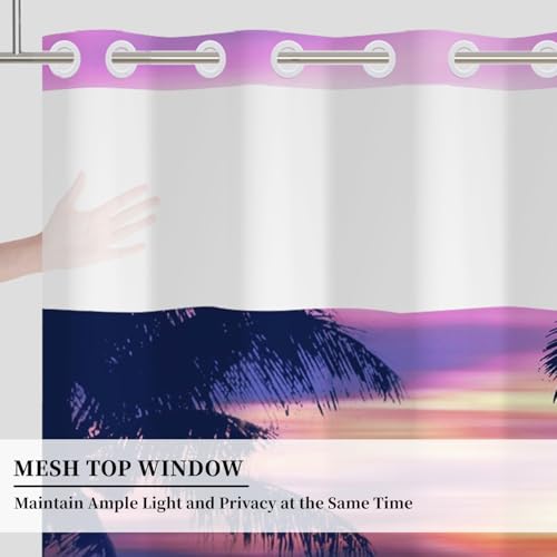 No Hook Tropical Sunset Shower Curtain with Snap in Liner | 71x74 Inches, Beach Scene Shower Curtains for Modern Bathroom, Mesh Top Window Waterproof Washable Fabric - color: Purple Scenery