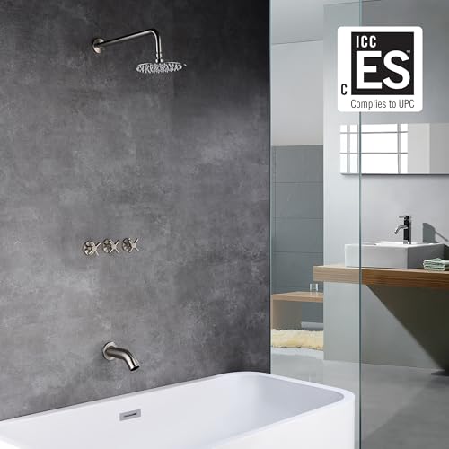 SUMERAIN 3 Handle Tub and Shower Faucet Set Brushed Nickel | with Brass Rough in Valve, High Flow, Waterfall Tub Spout, 8" Stainless Steel Rain Shower Head - color: Brushed Nickel