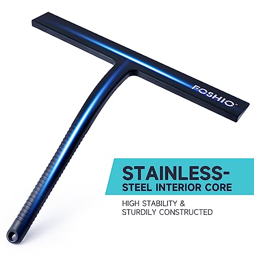 FOSHIO Shower Squeegee for Glass Doors with Suction Cup, Silicone Squeegee for Window Cleaning, Small Squeegee for Shower Glass Door, Window Squeegee with Stainless Steel Non-Slip Handle (Black)