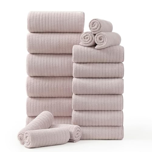 18 Piece Family Bath Towel Set Include 6 Bath Towels,6 Hand Towels and 6 Washcloths Soft Bathroom Towel with Hanging Loops,Highly Absorbent Quick Dry Towels Set for Bathroom,Hotel and Spa-Light Purple - color: Light Purple, size: 18-Piece Set