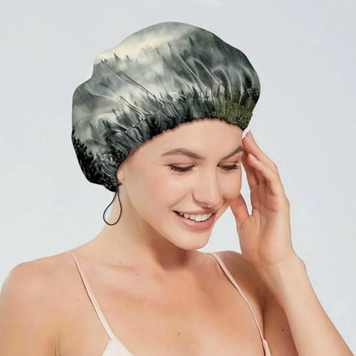 2 PCS Shower Cap Reusable Waterproof Double Layers Hair Caps Shower Bath Adjustable Elastic Hat for Women Girls Cute Aesthetic-Forest Beach - color: AI10-Forest Beach