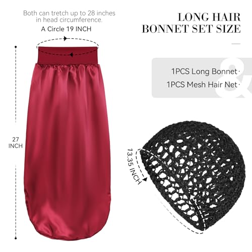 Bonnet for Long Hair- Hair Nets for Sleeping Set Shower Cap for Braids Anti Frizz Reusable Soft Elastic Band Mesh Wrap For Black Hair For Curly, Braids Hair (black net, burgundy bonnet) - color: Black Net, Burgundy Bonnet