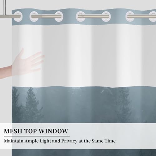 No Hook Forest Shower Curtain with Snap in Liner Set 71x74 Inch | Waterproof Fabric Shower Curtain with Mesh Top Window, Misty Pine Tree Landscape Bath Curtain, Nature Woodland Bath Decor - color: Forest