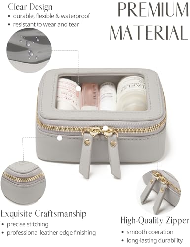 Popvibe Small Cosmetic Bag for Purse Mini Makeup Bag Cute Clear Make Up Pouch for Travel Tiny Leather White Make Up Organizer Case for Backpack Toiletry Bag Waterproof Square Pouch with Zipper - color: Beige Grey, style: Mini Chic