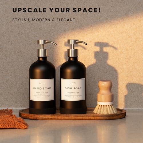Hand and Dish Soap Dispenser for Kitchen and Bathroom, Set of 2 16 Oz Glass Bottles, Stainless Steel Pumps, Non-Slip Silicone Base, 27 Waterproof Labels (Matte Black Bottle/Brushed Silver Pump) - color: Matte Black Bottle / Brushed Silver Pump