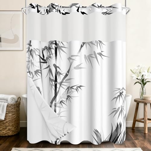No Hook Shower Curtain and Snap in Liner Set, Black and White Ink Wash Bamboo Print Shower Curtains for Zen Minimalist Japandi Spa Bathroom, Waterproof Bath Curtain with Mesh Top, 71x74 Inch - color: Bamboo