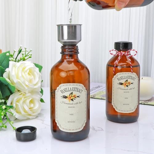 YINGERHUAN 8oz Glass Vanilla Extract Bottles,Round Amber Boston with Caps for Syrup,20 Pack Glass Sample Bottles with Stickers and Funnel for Essential Oils,Wedding,Christmas