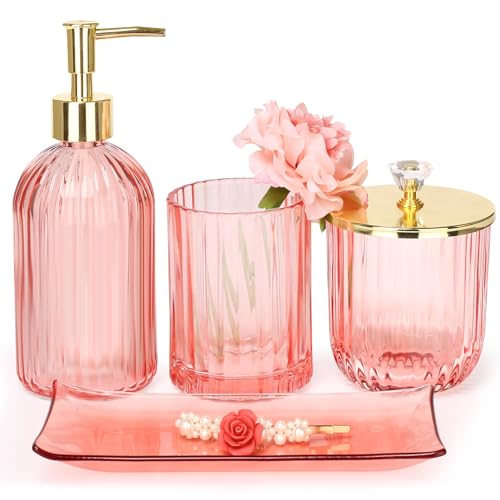Haturi Bathroom Accessories Set, 4 Pcs Pink Glass Bathroom Accessories Sets Complete w/Lotion Soap Dispenser, Toothbrush Holder, Apothecary Jar, Vanity Tray, Bathroom Decor, Gift for Home Apartment - style: Pink