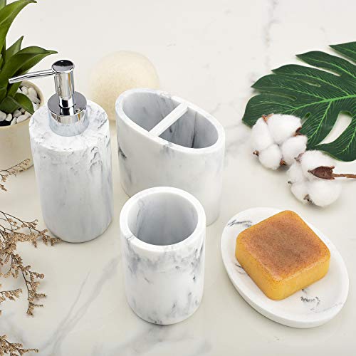 L'ARL GMVOI Bathroom Accessories Set,4 Pieces Marble Bathroom Vanity Countertop Accessory Set with Bathroom Toothbrush Holder Set,Soap Dispenser,Tumbler,Soap Dish for Bathroom Home Decor - color: White Marble