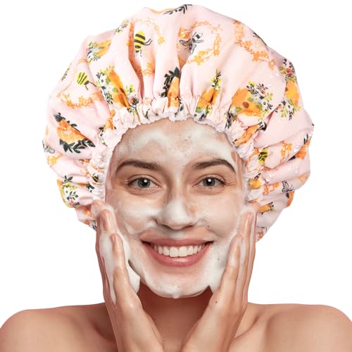 Shower Cap for Women Terry Lined Bee Bath Cap Large Reusable Waterproof Elastic Band Beekeeper Shower Caps for Long Thick Hair Soft Bath Shower Hair Caps - color: Bee