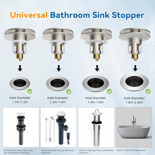 Universal Metal Bathroom Sink Stopper Hair Catcher Strainer, Brushed Nickel | Pop-Up Sink Drain Strainer with Detachable Filter, Drain Plug Fits 1.1"-2.36" US Basin, Large Cover Cap, Brass Bounce Core - color: Brushed Nickel
