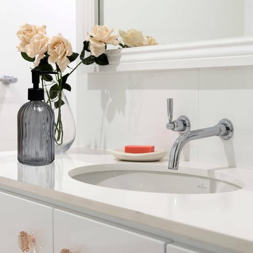 YYTSGG Grey Glass Soap Dispenser with Black Plastic Pump, 13.5oz Refillable Liquid Hand Soap Dispenser, Lotion Dish Soap Dispenser for Modern Home Decor, Bathroom, Kitchen Countertop, Hotel - color: Gray
