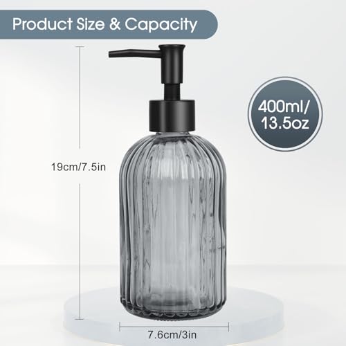 Topsky 2 Pack Glass Soap Dispenser with Plastic Pump,400ml Liquid Hand Soap Dispenser,Rustproof Pump for Kitchen & Bathroom,Great for Lotions,Essential Oil,Liquid Soaps,Gray - color: Stripe-grey, size: Plastic Pump