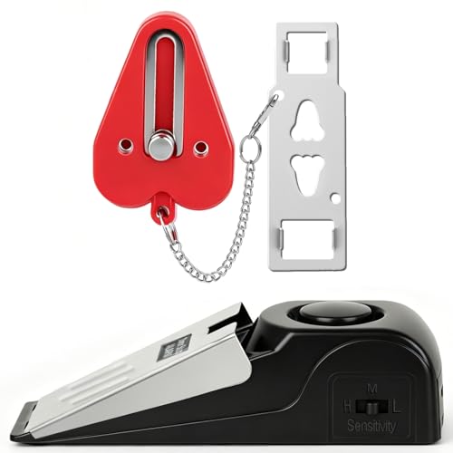 Portable Door Lock & Door Stop Alarm Set, Dual Protection Home Security Door Kit, Travel Hotel Lock Devices Pocket Self Defensey Tools for Traveling Hotel Home Apartment,Red - color: Red