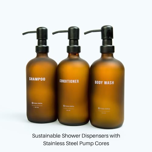 Frosted Amber Glass Shampoo and Conditioner Dispenser Set – Refillable 16 oz Pump Bottles with Concrete Tray – Luxury Bathroom Organization & Modern Shower Soap Dispensers - color: Frosted Amber Glass