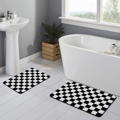 Uphome Bath Mats for Bathroom, Black and White Checkered Machine Washable Bathroom Rug Non Slip, 18x26 Water Absorbent Soft Microfiber Bathroom Mat for Tub, Shower, Floor - size: 18x26 inch