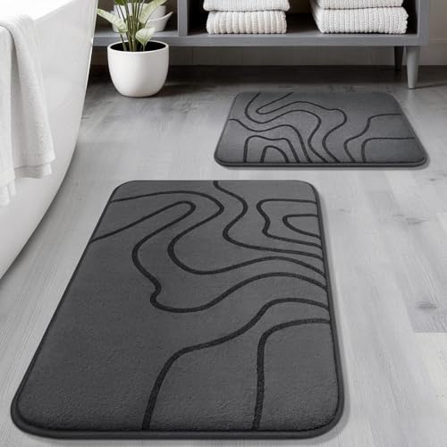 YIHOUSE Memory Foam Bathroom Rugs Sets 2 Piece - Extra Thick Ultra Soft Absorbent Bath Mat Set, Non-Slip Machine Washable Bath Rugs for Bathroom, Tub & Shower, Home Decor (32"x20"+24"x17", Dark Grey) - color: Dark Grey, size: 1'5" x 2'8" (17"x24"+20"x32")