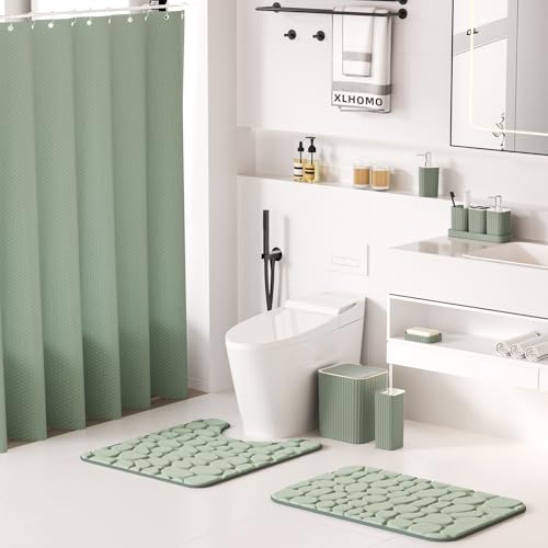 XLHOMO Bathroom Accessories Set - 25PC Sage Bathroom Set, Bathroom Set with Shower Curtain and Rugs, Sage Green Shower Curtain Set, Bathroom Accessory Set, Trash Can & Soap Dispenser - size: Bath Set+Shower Curtain+Rugs, style: Sage Green&Silver