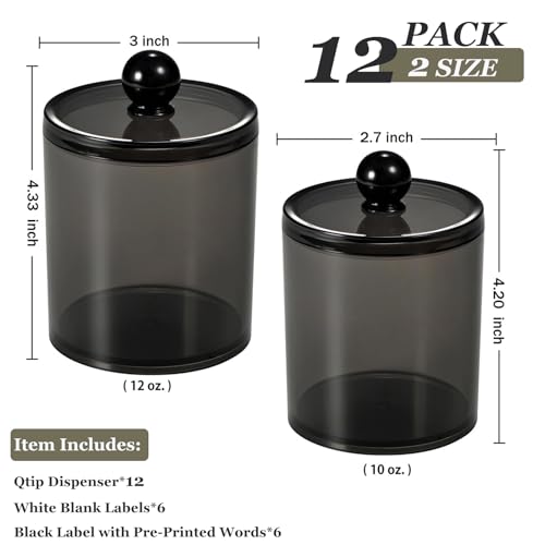 SheeChung 12 Pack Qtip Holder,Cotton Ball Holder with Lids & Labels - (6) 10oz & (6) 12oz,Plastic Bathroom Canistersfor Cotton Swabs, Balls, Pads, Floss Picks, Home Bathroom Storage Organizer ( Black) - size: 12pack