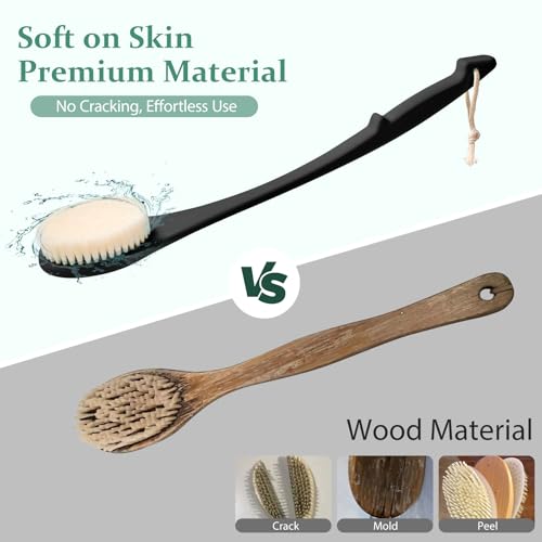 Back Scrubber for Shower, 17-Inch Shower Brush for Men and Women, Long Handle Exfoliating Body Brush, Medium Bristle Stiffness for Dry or Wet Brushing (Black) - size: 17 in - Black