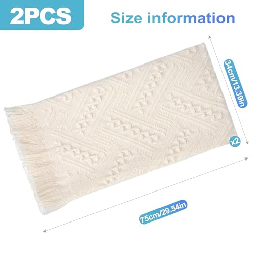 CoguZed 2 Pack Hand Towels for Bathroom 27.5x14 Inch Boho 100% Turkish Cotton Absorbent Soft Decorative Face Towel Set for Guest Bathroom Kitchen Farmhouse Decor Cream White