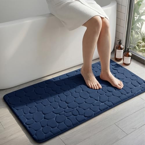 YIHOUSE Memory Foam Runner Rug, Cobblestone Bathroom Runner Rugs Super Water Absorbent Bath Mats for Bathroom Machine Washable Bath Rugs for Hallway Bedroom Laundry Room(24 x 47,Dark Blue) - color: Dark Blue Single, size: 2' x 3'11" (Rectangular)