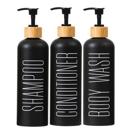 HOMCDALY 16oz 3-Pack Refillable Black Bathroom Shower Set - Empty Bottles with Pump for Shampoo, Conditioner, or Body Wash - color: Black&bamboo Pump