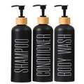 HOMCDALY 16oz 3-Pack Refillable Black Bathroom Shower Set - Empty Bottles with Pump for Shampoo, Conditioner, or Body Wash - color: Black&bamboo Pump