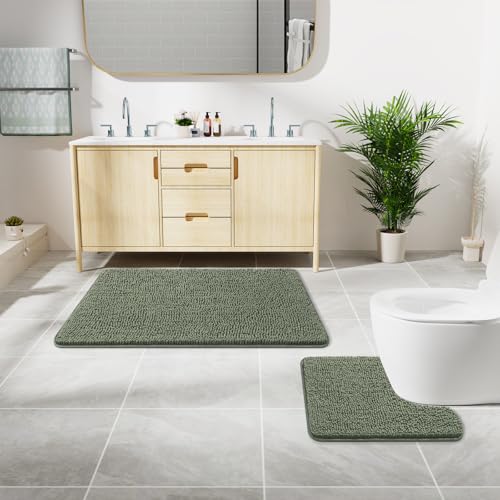 LOCHAS Bathroom Rugs Sets 2 Piece, Soft Non Slip Bath Mat Set, 20''x20'' U-Shaped Toilet Rug and 34''x21'' Sage Green Bath Rugs, Washable Absorbent Chenille Toilet Rug Set for Bathroom, Shower - color: Sage Green