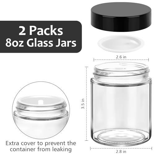 Accmor 8 oz Glass Jars with Black Lids, 2 Pack Glass Jars with Inner Liners, 250g Wide Mouth Makeup Sample Container, Leakproof Round Airtight Cosmetic Containers for Lotions, Creams, Candle Making - color: Black, size: 8 Ounce