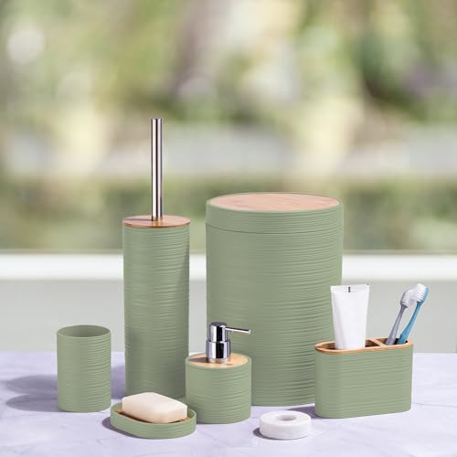 CERBIOR Bathroom Accessories Set 6 Piece Bamboo Bath Ensemble Includes Soap Dispenser, Toothbrush Holder, Toothbrush Cup, Soap Dish for Decorative Countertop and Housewarming Gift, Sriral Green - style: Green