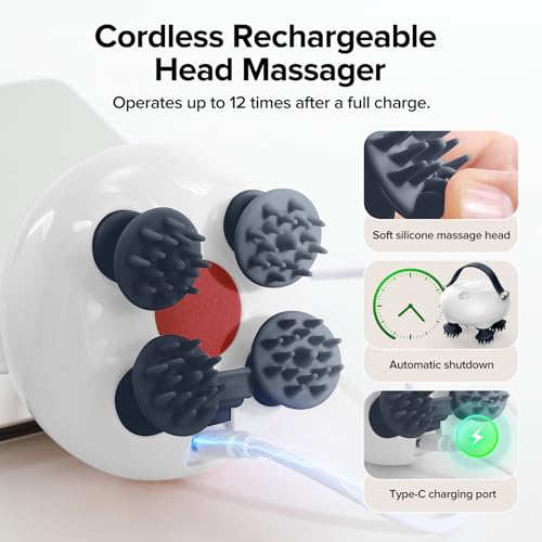 Head Massager Scalp, Scalp Massager, Portable Head Massager, Waterproof Scalp Massager with Tangle-Resistant Design, with 12 Massage Heads & 3 Modes, Heartfelt Mothers Day Gifts for Mom - color: Moonlight White