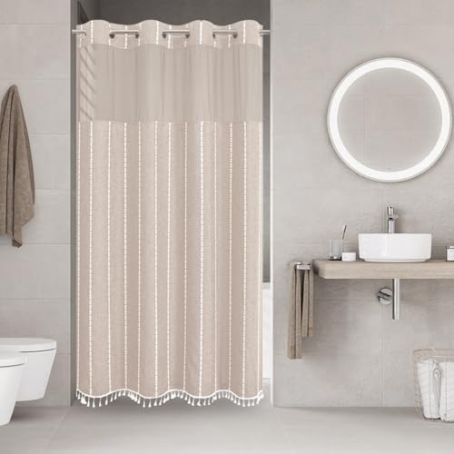 eachope No Hook Stall Shower Curtain with Snap-in Fabric Liner - 54x80 Heavy-Duty Linen Textured Striped Design,Narrow Rustic Modern Farmhouse Bohemian Bathroom Curtain,Water-Repellent,Tan/Taupe - color: Taupe, size: 54"W x 80"L (Pack of 1)