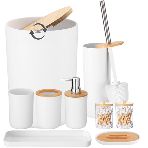 iMucci Bathroom Accessories Set with Trash Can,Toilet Brush,Toothbrush Holder, Lotion Soap Dispenser, Soap Dish,Toothbrush Cup,Qtip Holder(8Pcs White Wood Cover) - size: Bath Set, style: White