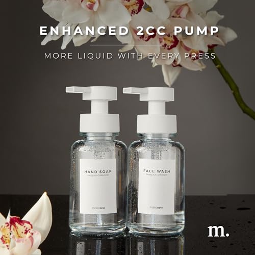 MaisoNovo Glass Foaming Soap Dispenser 14 Oz | Glass Bottles Pumps x 2 Clear with Tray - color: Clear Bottles/White Plastic Pumps/Ceramic Tray