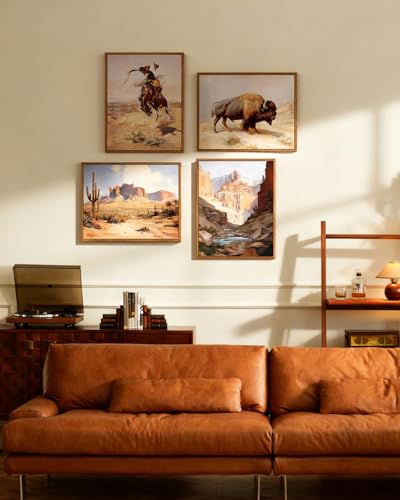 InSimSea 4 pcs Framed Canvas Art, Vintage Rustic Western Cowboy Art Prints, Southwest Landscape Bison Wall Pictures Decor for Living Room Bedroom Hallway, 11x14in,set of 4, Neutral Maximalist Decor - color: Rustic Western