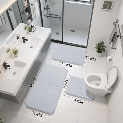 Yimobra 3 Pieces Memory Foam Bath Mat Set with U-Shaped Toilet Rug - Non Slip Super Soft Absorbent Quick Dry Bathroom Rugs for Bathtub, Vanity & Toilet Base, Silver - color: Silver, size: 44''x24'' + 31.5''x20'' + 24''x20''