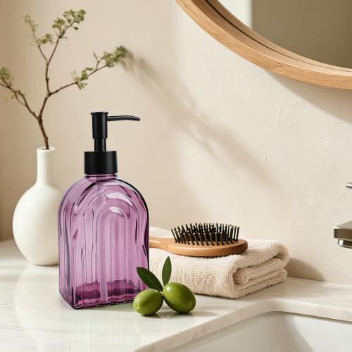 Elegant Purple Glass Soap Dispenser with Black Pump | 400ML Modern Bathroom & Kitchen Soap Dispenser for Hand Soaps, Lotions, Essential Oils - color: Purple
