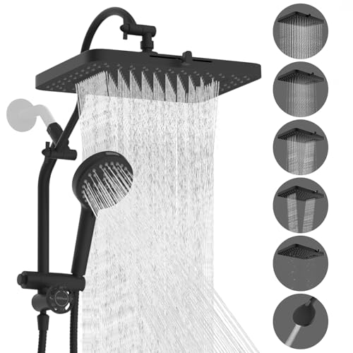 Hibbent cUPC Certified 13'' Shower Head Combo, High Pressure 5 Spray Rainfall Showerhead, 10 Spray Mode Handheld, All Metal Easy Reach 4-way Diverter Arm with Pause Mode, 71'' Hose and Holder, Black - color: Black, style: Square 13"